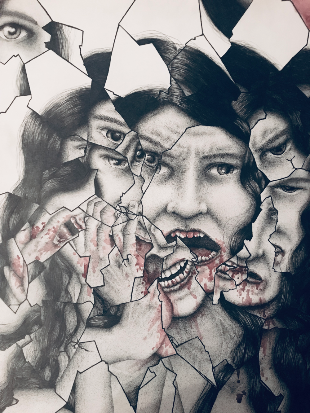 A drawing in black ink of a young woman's anguished face reflected in a fractured mirror.
