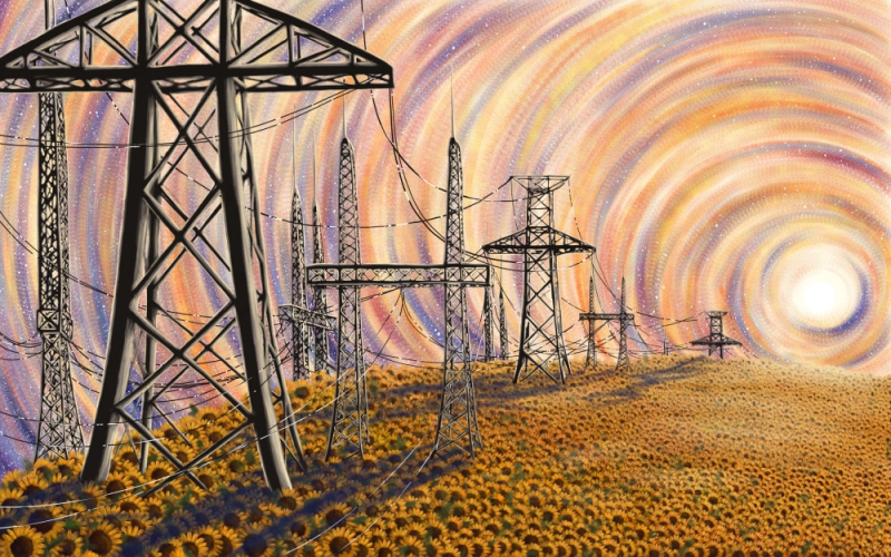Several black telephone poles tower over a field of sunflowers receding into a sunset-painted sky.